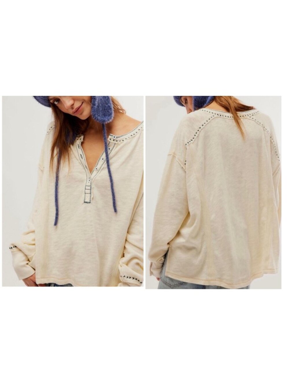 Free People Waffle Knit Taylor Henley Womens White Small Embroidered Bella Swan